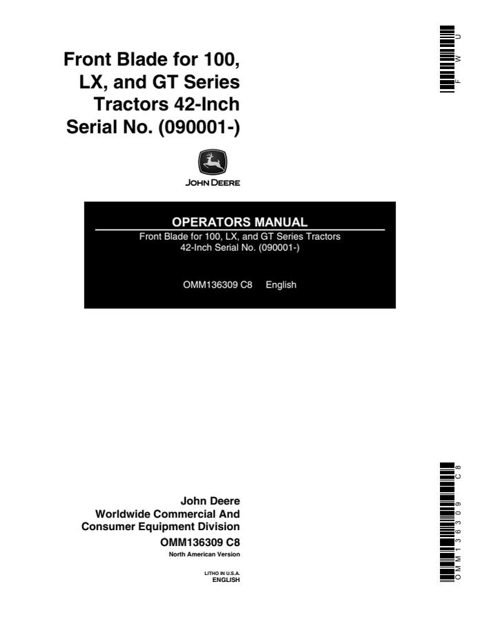 John Deere 42-inch Front blade Operator manual OMM136309 — actual manual cover
