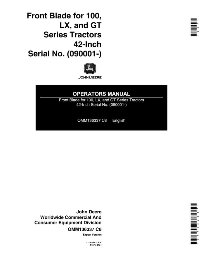 John Deere 42-inch Front blade Operator manual OMM136337 — actual manual cover