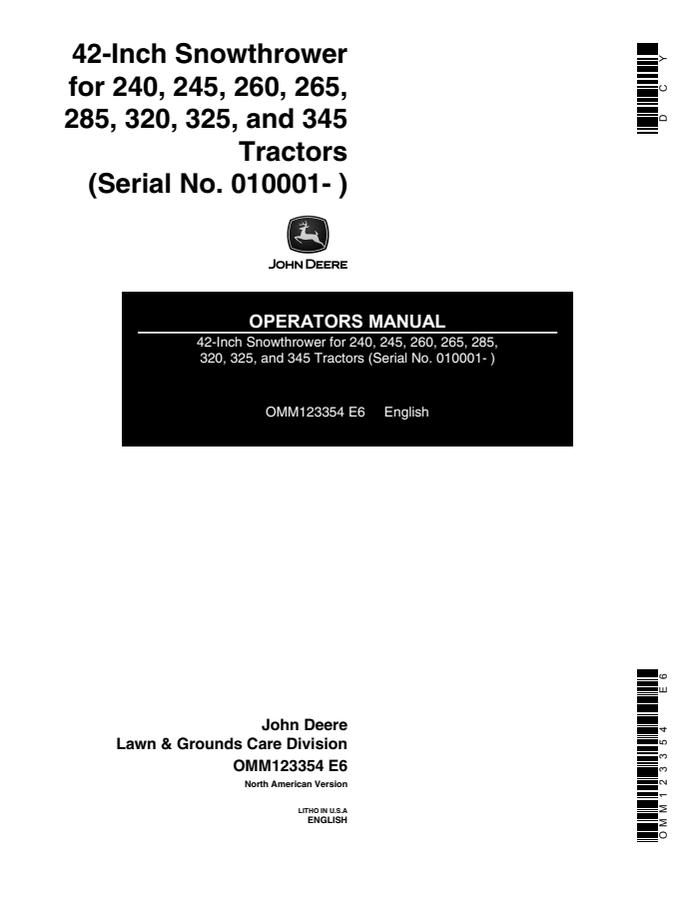 John Deere 42-inch Snowthrower Operator manual OMM123354 — actual manual cover