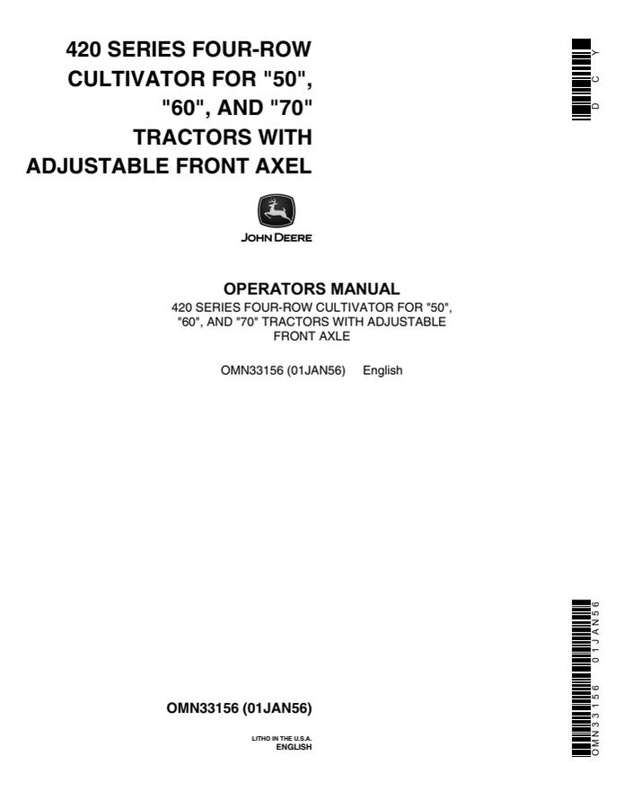 John Deere 420 Series four-row Cultivator Operator manual OMN33156 — actual manual cover
