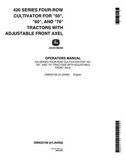 John Deere 420 Series four-row Cultivator Operator manual OMN33156 — actual manual cover