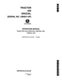 John Deere 420 Special Tractor Operator manual OMT36756 — actual manual cover