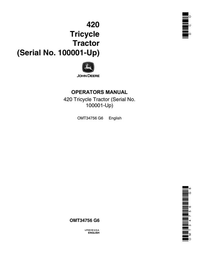 John Deere 420 Tricycle tractor Operator manual OMT34756 — actual manual cover