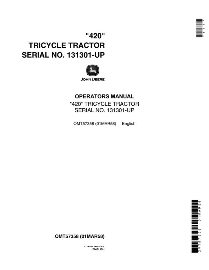 John Deere 420 Tricycle Tractor Operator's manual OMT57358 — actual manual cover