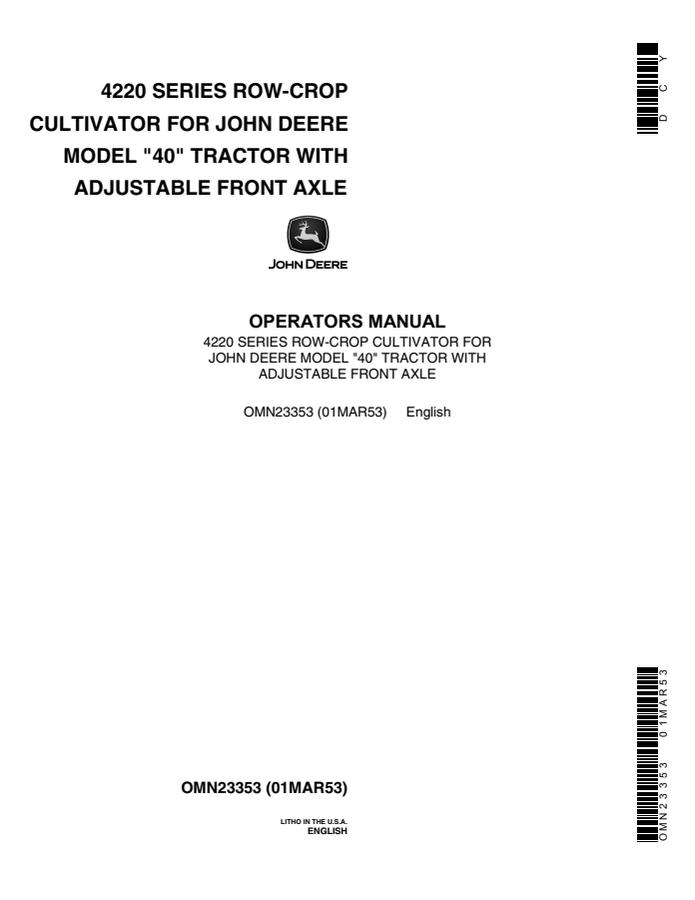 John Deere 4220 Series Cultivator Operator manual OMN23353 — actual manual cover
