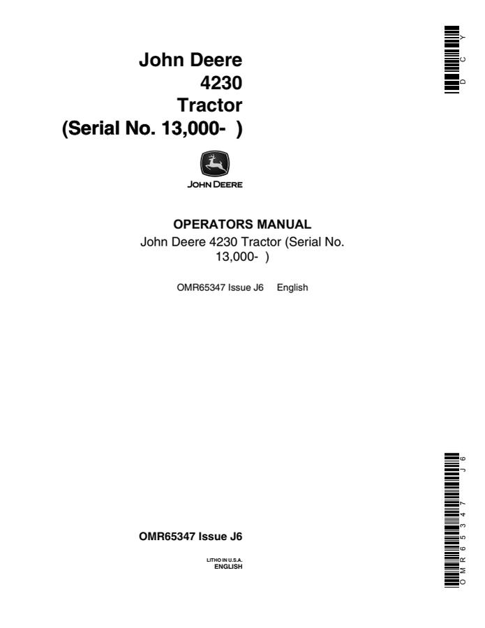 John Deere 4230 Tractor Operator manual OMR65347 — actual manual cover