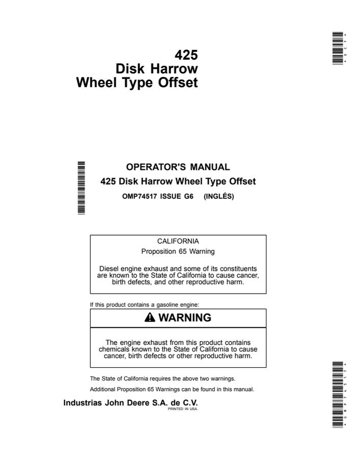 John Deere 425 Disk harrow Operator manual OMP74517 — actual manual cover