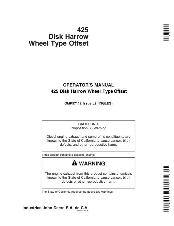 John Deere 425 Disk Harrow Wheel Type Offset Disk harrow Operator's manual OMP57112 — actual manual cover