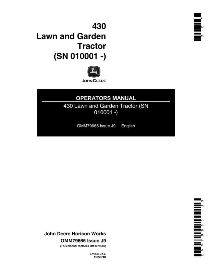 John Deere 430 Lawn and garden tractor Operator manual OMM79665 — actual manual cover