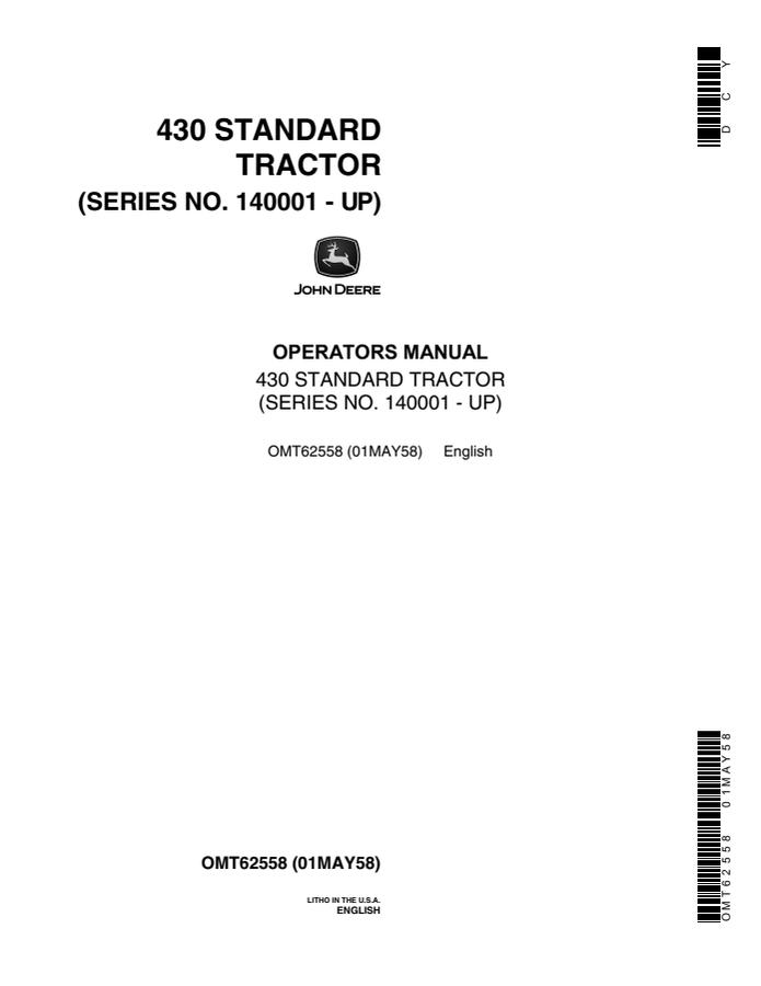 John Deere 430 Standard Tractor Operator's Manual — actual manual cover