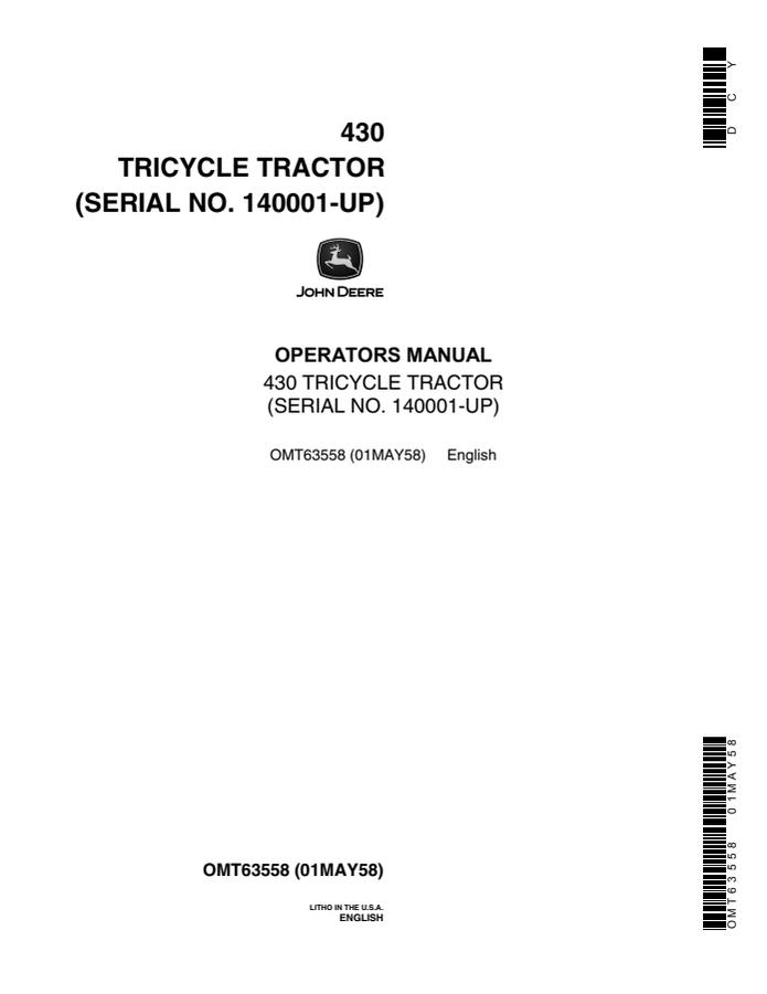 John Deere 430 Tricycle tractor Operator manual OMT63558 — actual manual cover