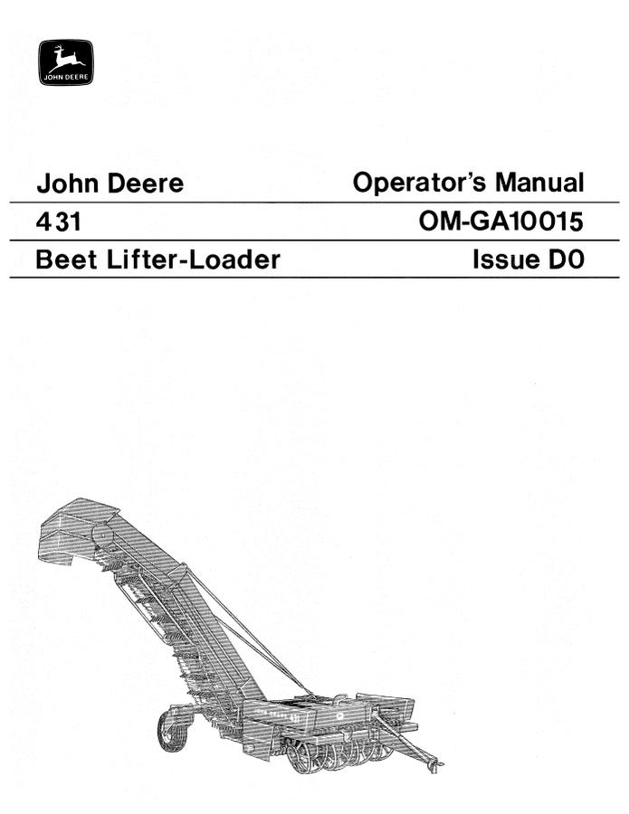 John Deere 431 Beet lifter-loader Operator manual OM-GA10015 — actual manual cover