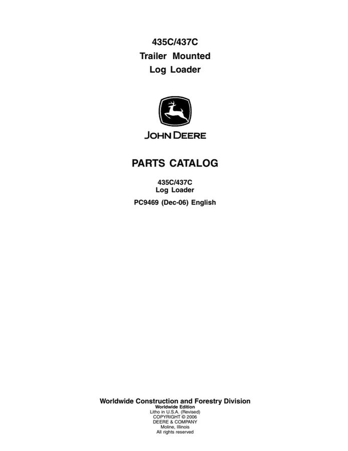 John Deere 435C and 437C Trailer-Mounted Log Loader Parts Catalog — actual manual cover