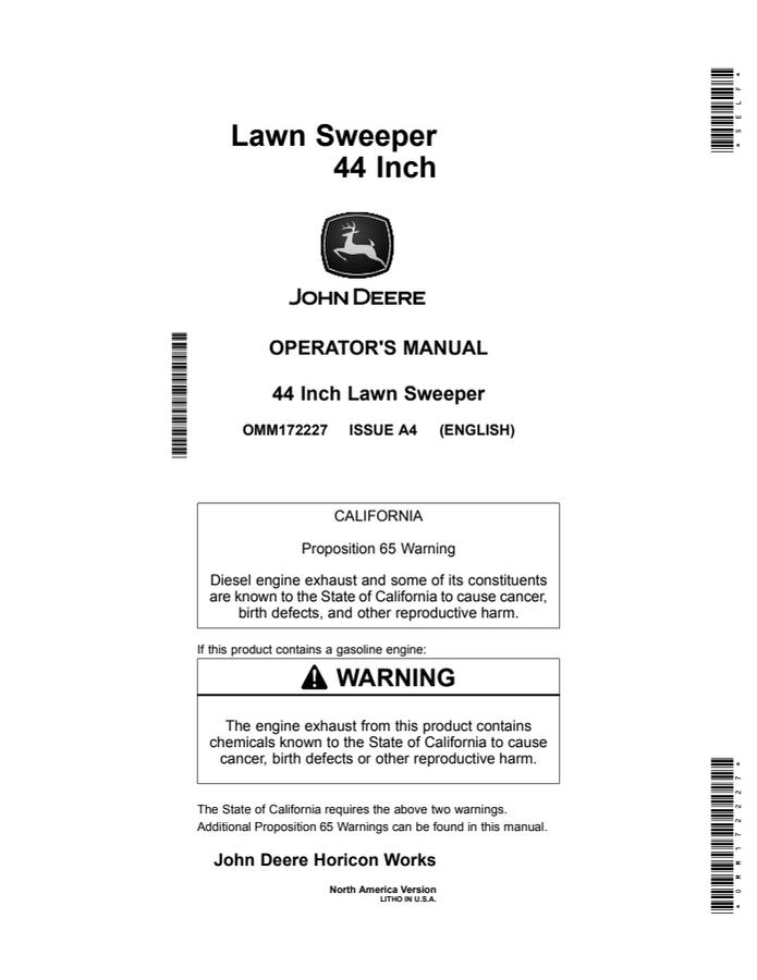 John Deere 44-inch Lawn sweeper Operator manual OMM172227 — actual manual cover
