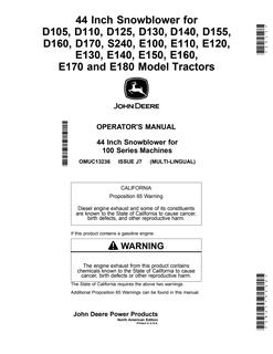John Deere 44-inch Snowblower Operator manual OMUC13236 — actual manual cover