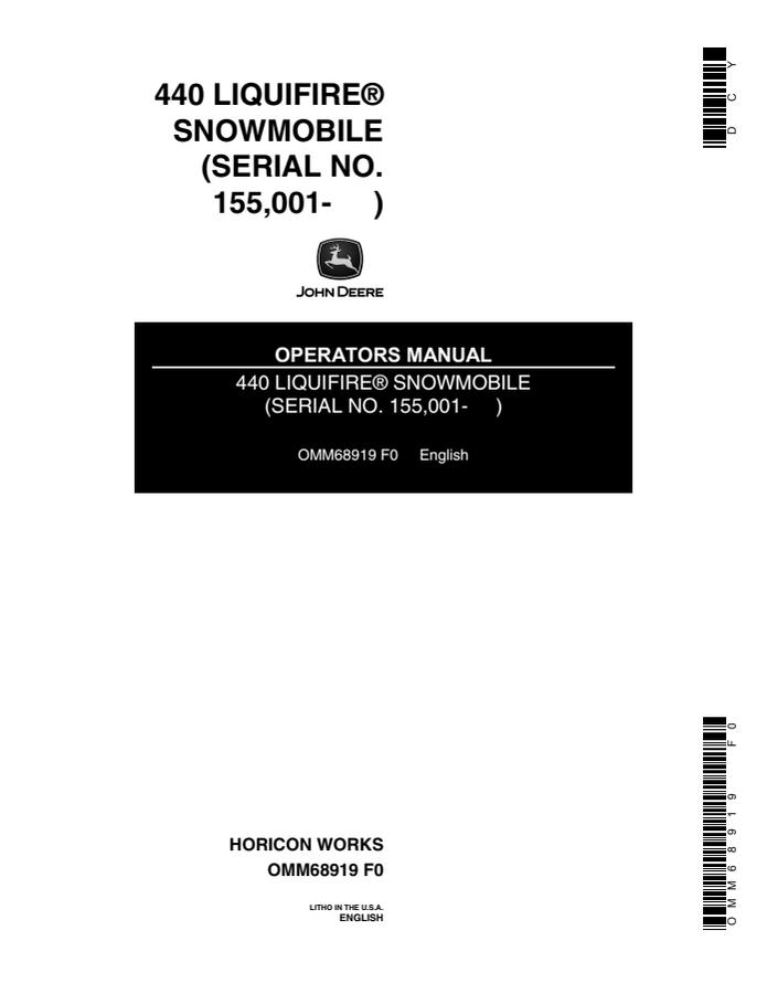 John Deere 440 Liquifire Snowmobile Operator manual OMM68919 — actual manual cover