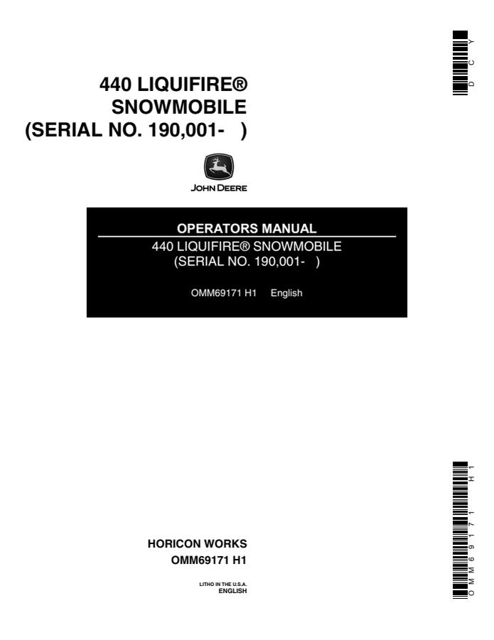 John Deere 440 Liquifire Snowmobile Operator manual OMM69171 — actual manual cover