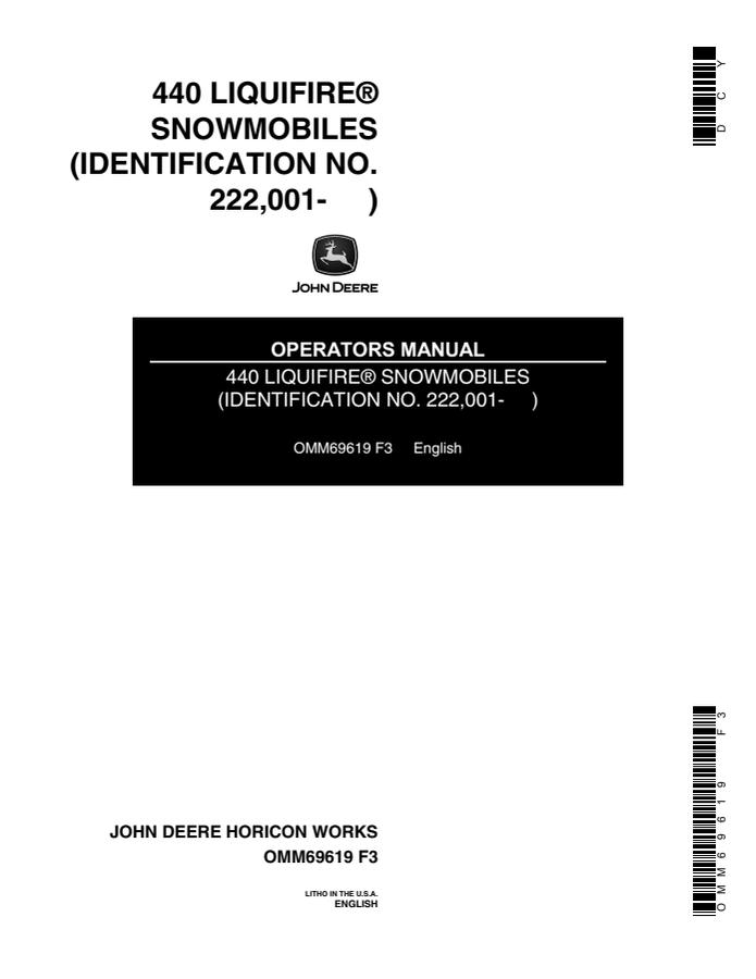 John Deere 440 Liquifire Snowmobile Operator manual OMM69619 — actual manual cover