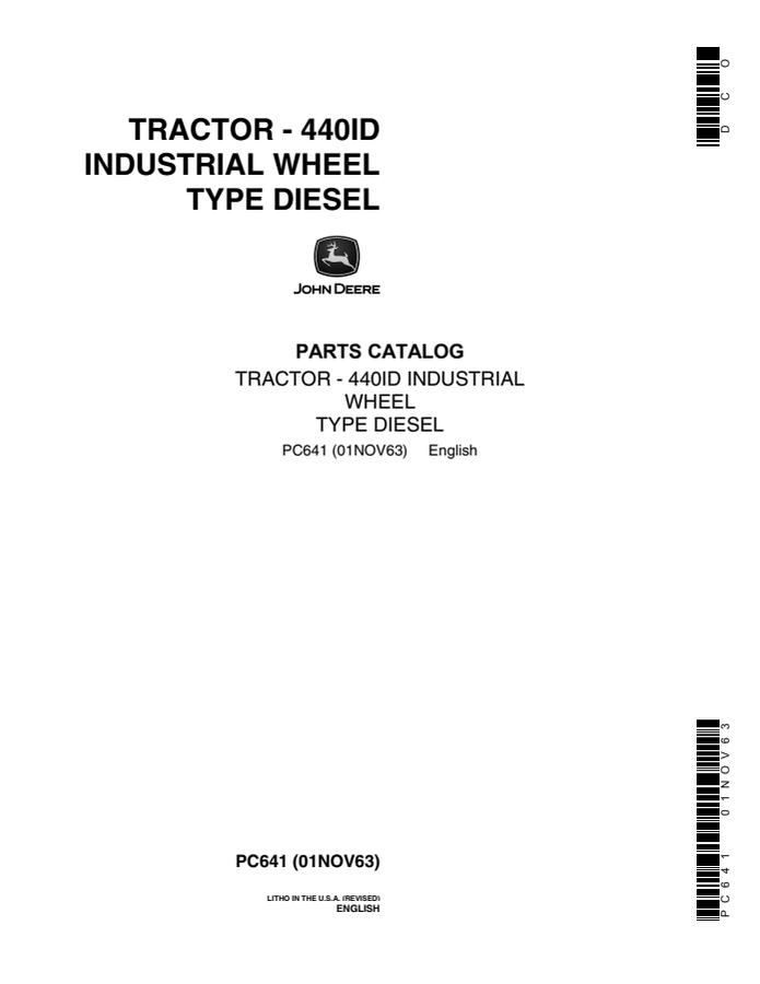 John Deere 440ID Industrial wheel type diesel Tractor Parts catalog PC641 — actual manual cover