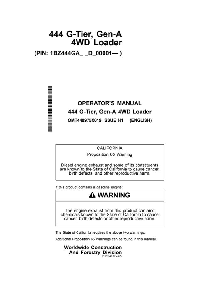 John Deere 444 G-Tier Gen-A Loader Operator manual OMT440975X019 — actual manual cover