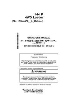 John Deere 444 P Loader Operator manual OMT483916X019 — actual manual cover