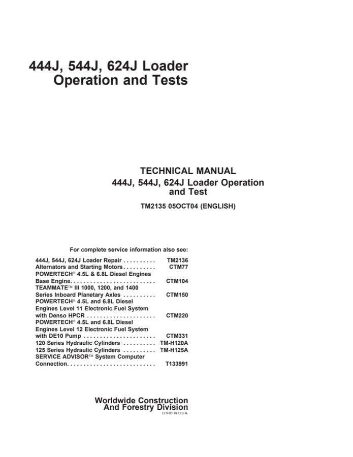 John Deere 444J, 544J, 624J Loader Operation and tests manual TM2135 — actual manual cover