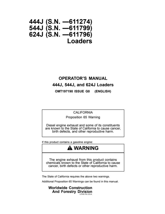 John Deere 444J/544J/624J Loader Operator manual OMT197190 — actual manual cover