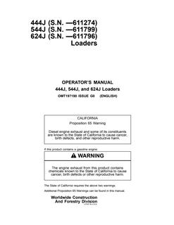 John Deere 444J/544J/624J Loader Operator manual OMT197190 — actual manual cover