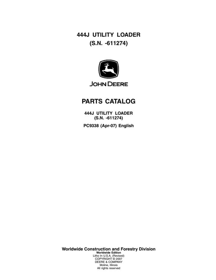 John Deere 444J Utility loader Parts catalog PC9338 — actual manual cover