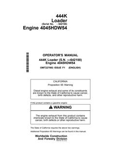 John Deere 444K Loader Operator manual OMT227993 — actual manual cover