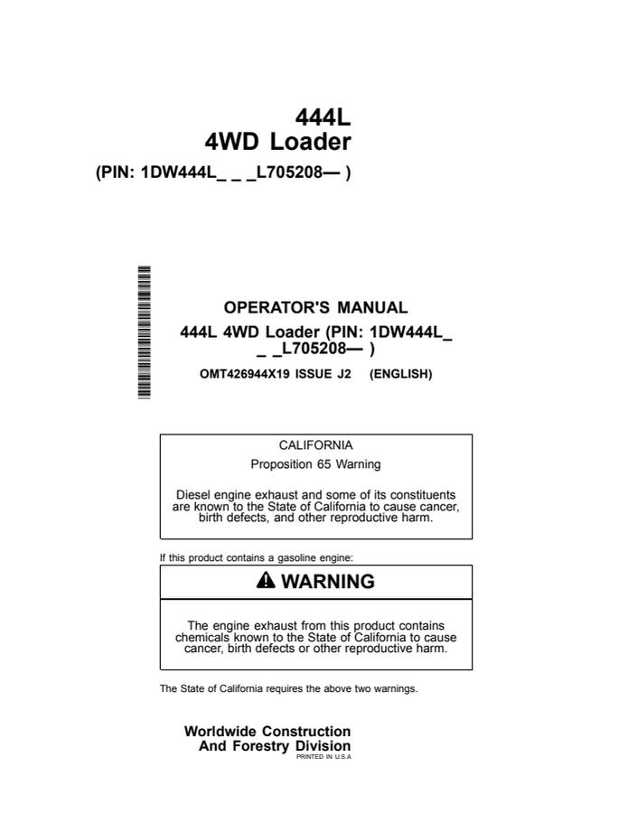 John Deere 444L Loader Operator manual OMT426944X19 — actual manual cover