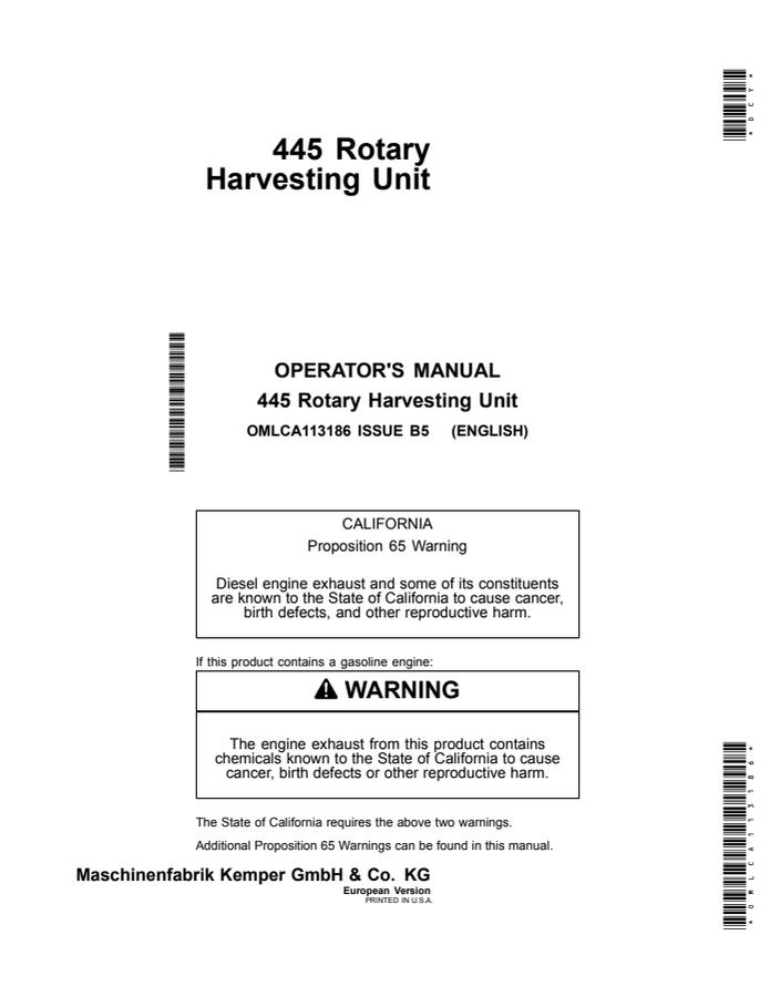 John Deere 445 Rotary harvesting unit Operator's manual OMLCA113186 — actual manual cover