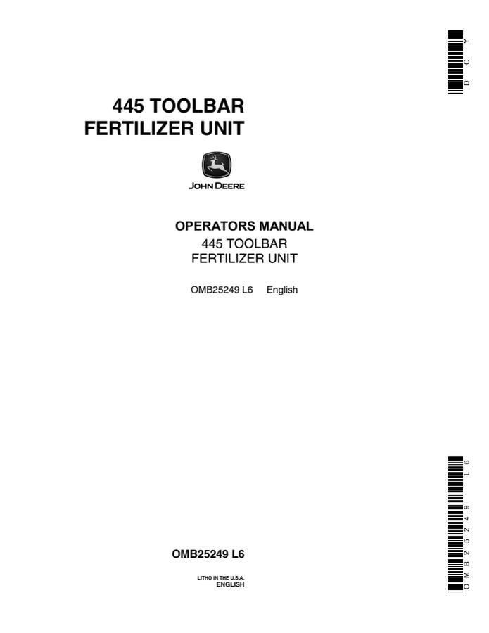John Deere 445 Toolbar fertilizer unit Operator manual OMB25249 — actual manual cover