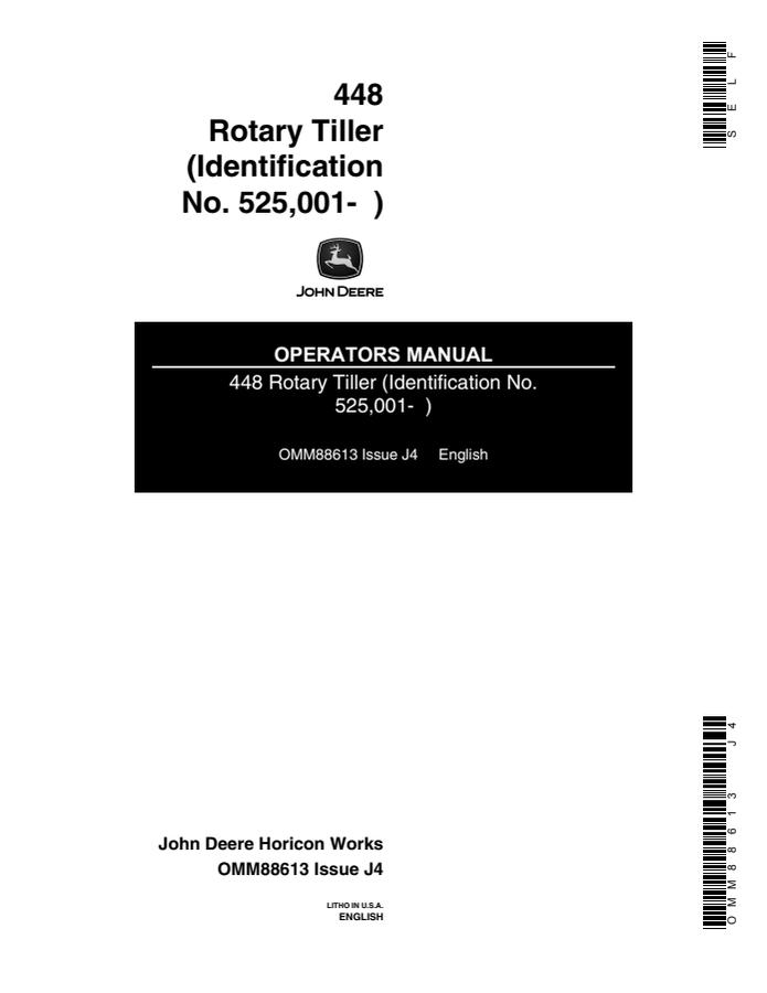 John Deere 448 Rotary tiller Operator's manual OMM88613 — actual manual cover