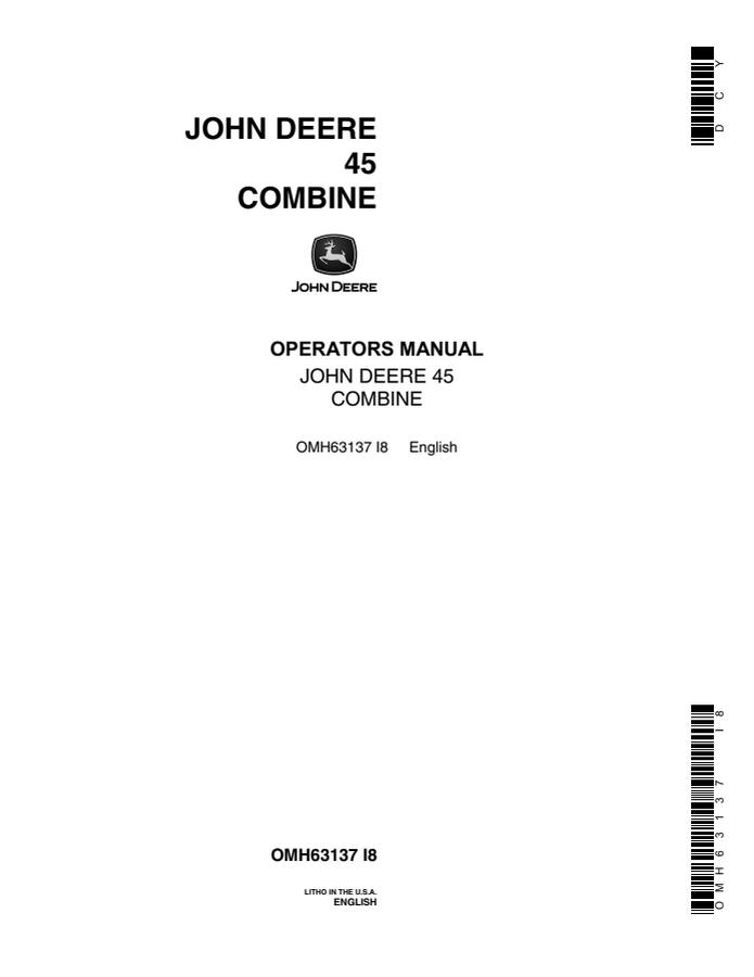 John Deere 45 Combine Operator manual OMH63137 — actual manual cover