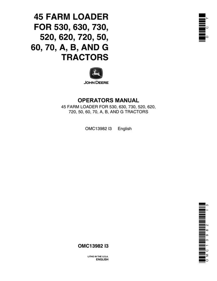 John Deere 45 Farm loader Operator manual OMC13982 — actual manual cover