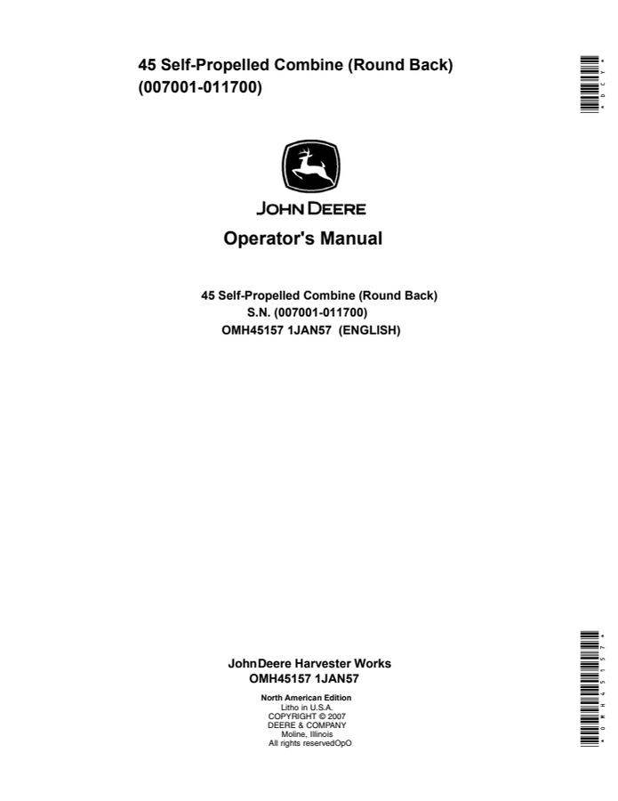 John Deere 45 round back Self-propelled combine Operator manual OMH45157 — actual manual cover