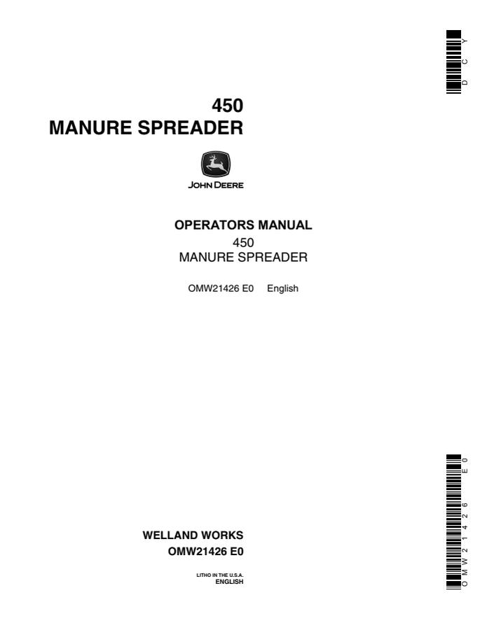 John Deere 450 Manure spreader Operator manual OMW21426 — actual manual cover