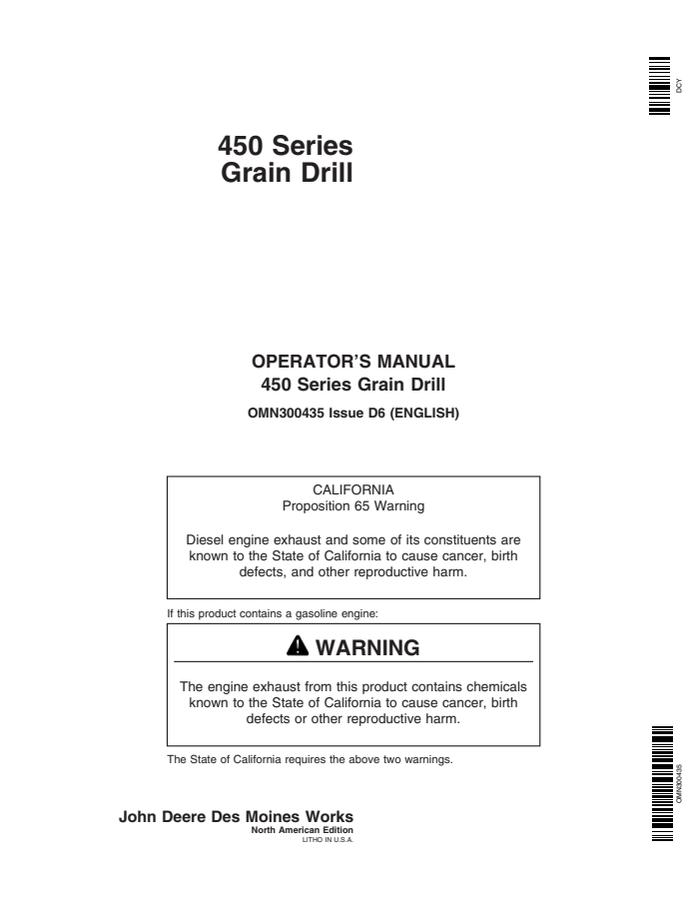 John Deere 450 Series Grain drill Operator manual OMN300435 — actual manual cover