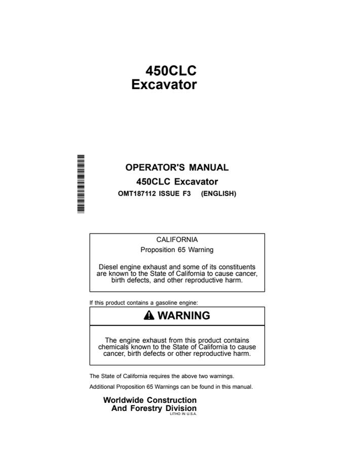 John Deere 450CLC Excavator Operator manual OMT187112 — actual manual cover
