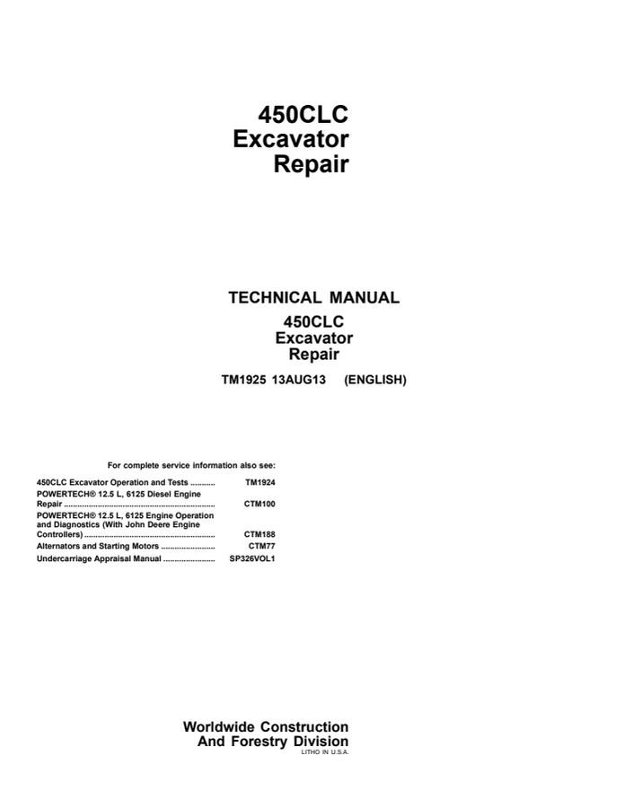 John Deere 450CLC Excavator Repair Manual — actual manual cover