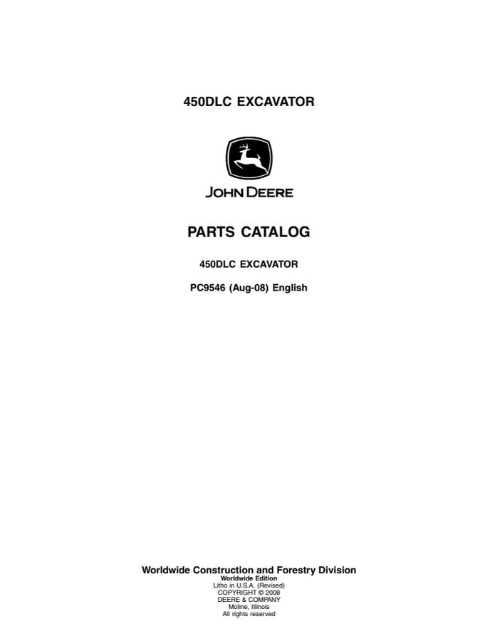 John Deere 450DLC Excavator Parts catalog PC9546 — actual manual cover