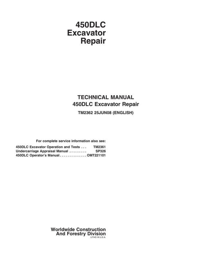 John Deere 450DLC Excavator Repair technical manual TM2362 — actual manual cover