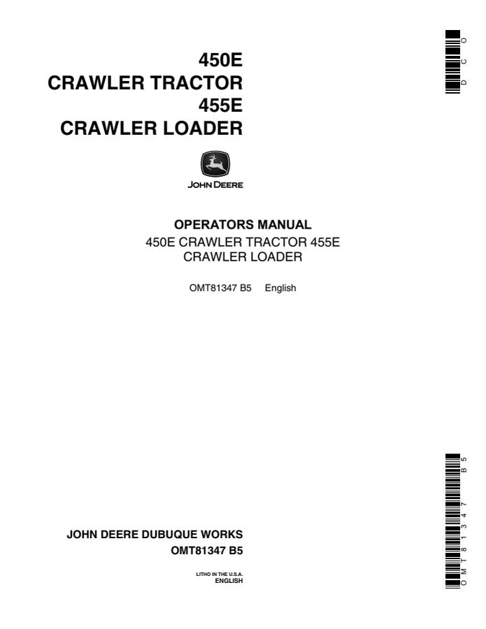 John Deere 450E/455E Crawler tractor/loader Operator manual OMT81347 — actual manual cover