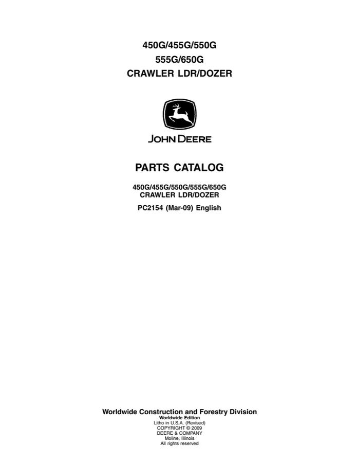 John Deere 450G, 455G, 550G, 555G, 650G Crawler loader/dozer Parts catalog PC2154 — actual manual cover