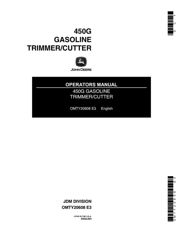 John Deere 450G Gasoline trimmer/cutter Operator manual OMTY20608 — actual manual cover