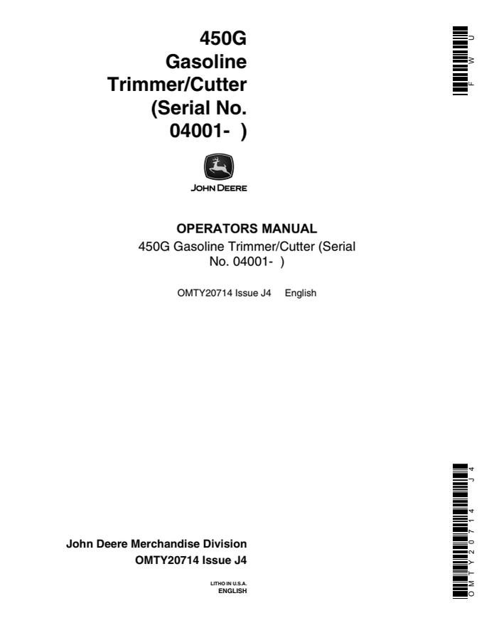 John Deere 450G Gasoline trimmer/cutter Operator manual OMTY20714 — actual manual cover