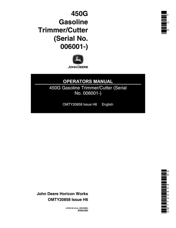 John Deere 450G Gasoline trimmer/cutter Operator manual OMTY20858 — actual manual cover