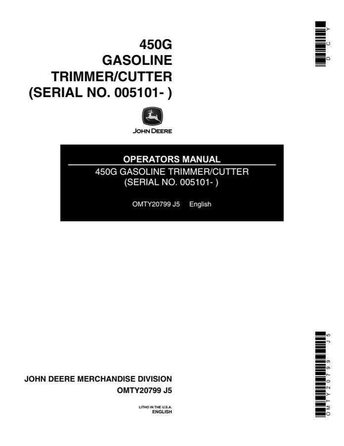 John Deere 450G Trimmer/cutter Operator manual OMTY20799 — actual manual cover