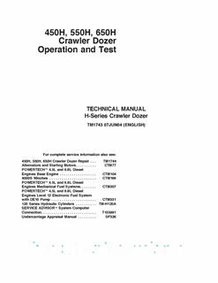 John Deere 450H, 550H, 650H Crawler Dozer Operation and Test Technical Manual TM1743 2004-06-07 — actual manual cover